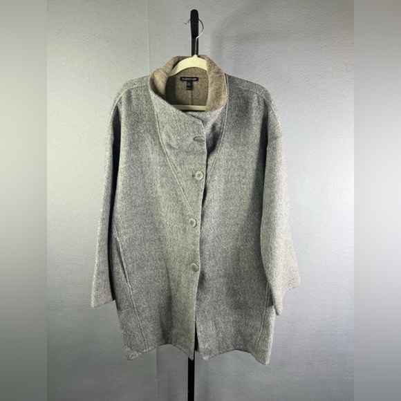 Eileen Fisher Pea Coat Womens XXS Taupe Tan Wool Silk Alpaca Blend Mid Length - Picture 1 of 11